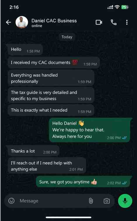 WhatsApp review from a business name registration client